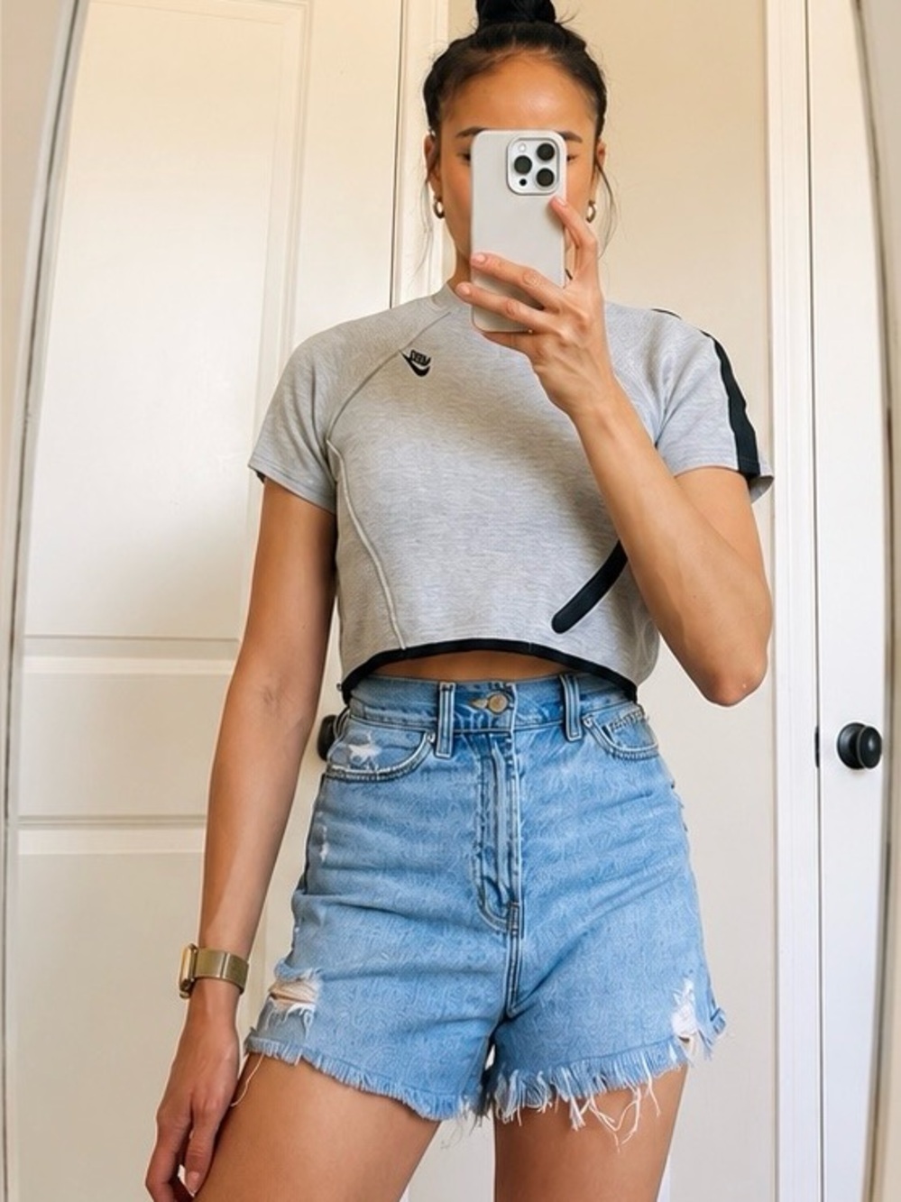 Nike Women’s Grey Cropped Mock Neck Tee - Athleisure Casual Everyday Top